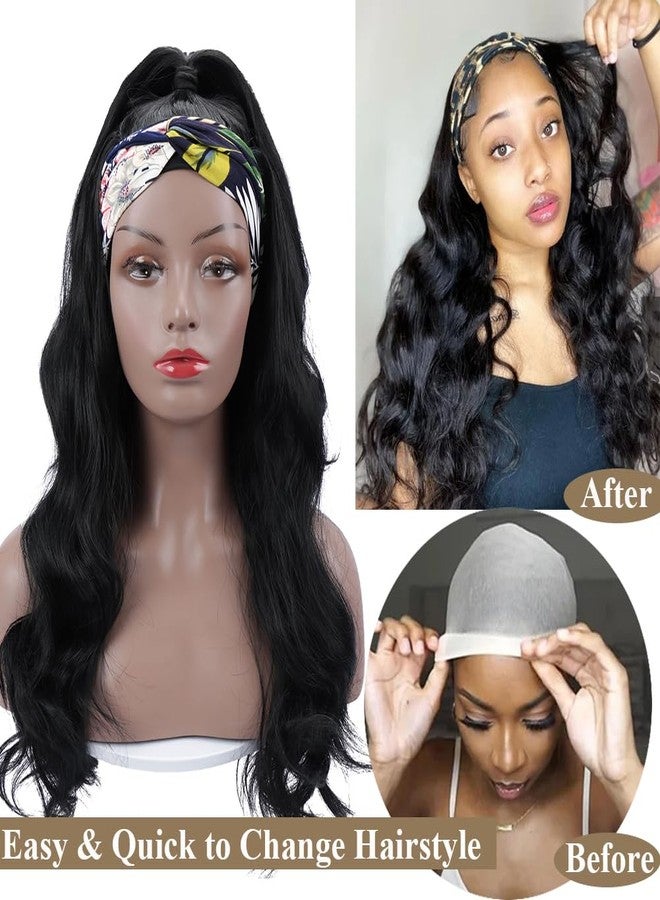 Colorful Queen Honey Blonde Highlight Headband Wig Ombre Brown Body Wave Headband Wigs for Black Women Brown Mix Blonde Colored Long Wavy Wig with Headband 26 Inch F4/27 - Image 4